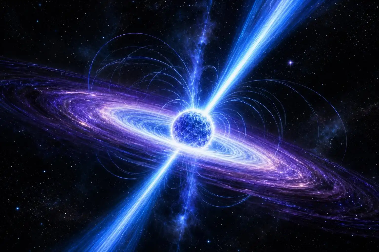 A pulsar blasts twin radio beams into space as it spins hundreds of times per second — one of the universe's most extreme objects.