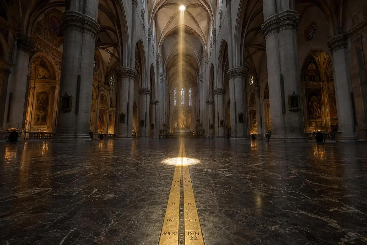 A shaft of noon sunlight falls on the brass meridian line inside Bologna's Basilica of San Petronio, just as Cassini measured it in 1655.