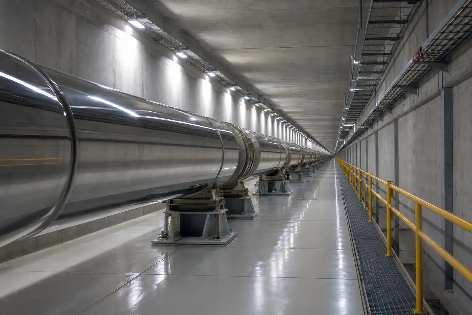 Inside one of LIGO's 4-kilometer arm tubes, where a differential length change smaller than a proton must be measured.