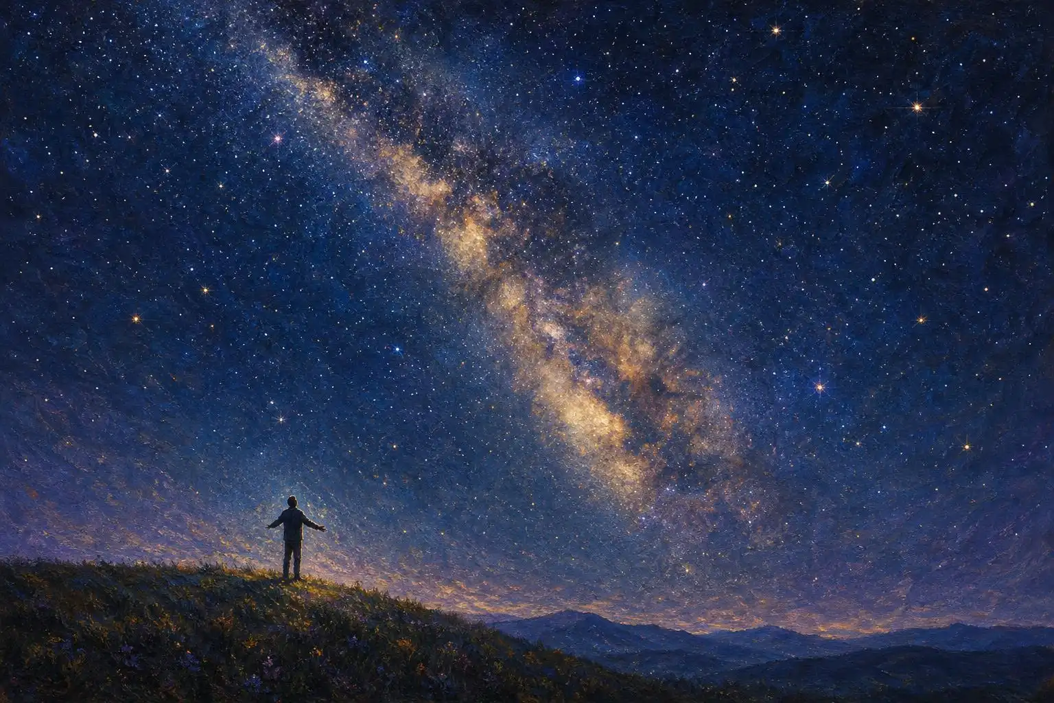 Against the full sweep of the Milky Way, one improbable person looks up and wonders.