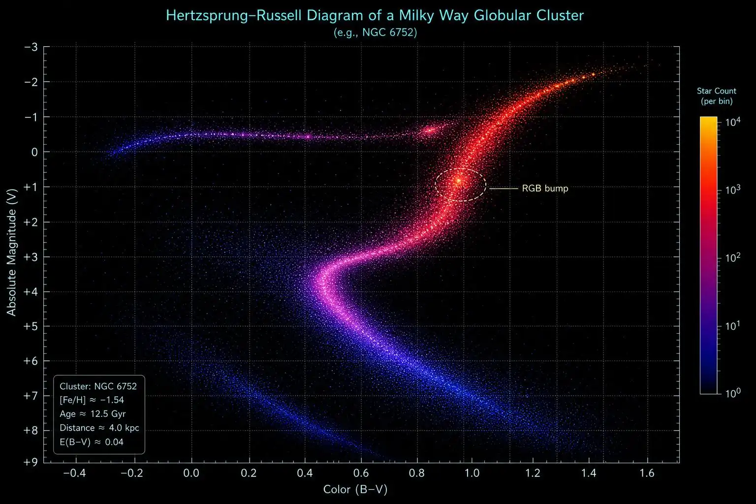 The red giant branch of a globular cluster, where a subtle pile-up of stars marks the RGB bump.