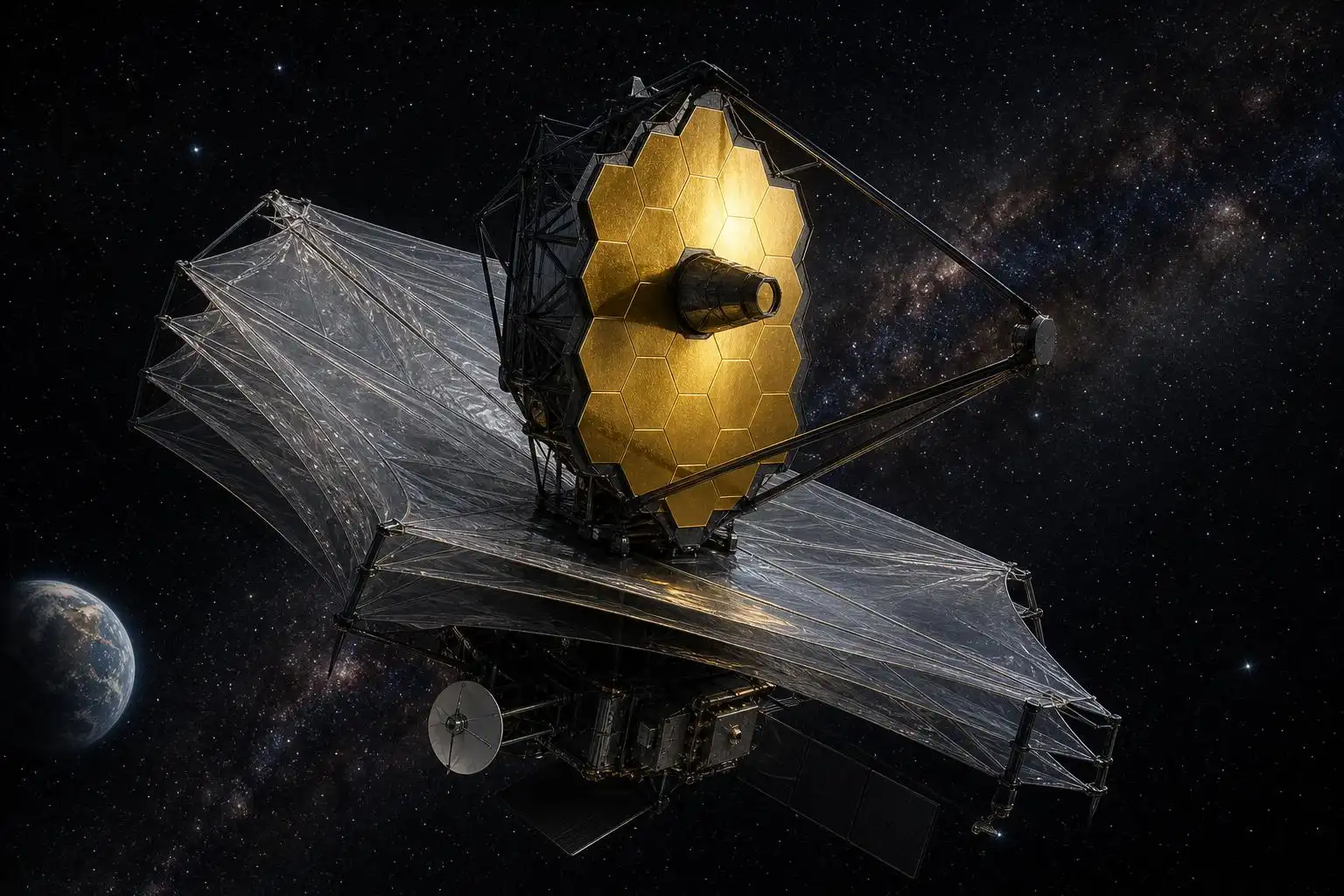 An artist's concept of the Habitable Worlds Observatory, NASA's next flagship telescope designed to search for life beyond Earth.
