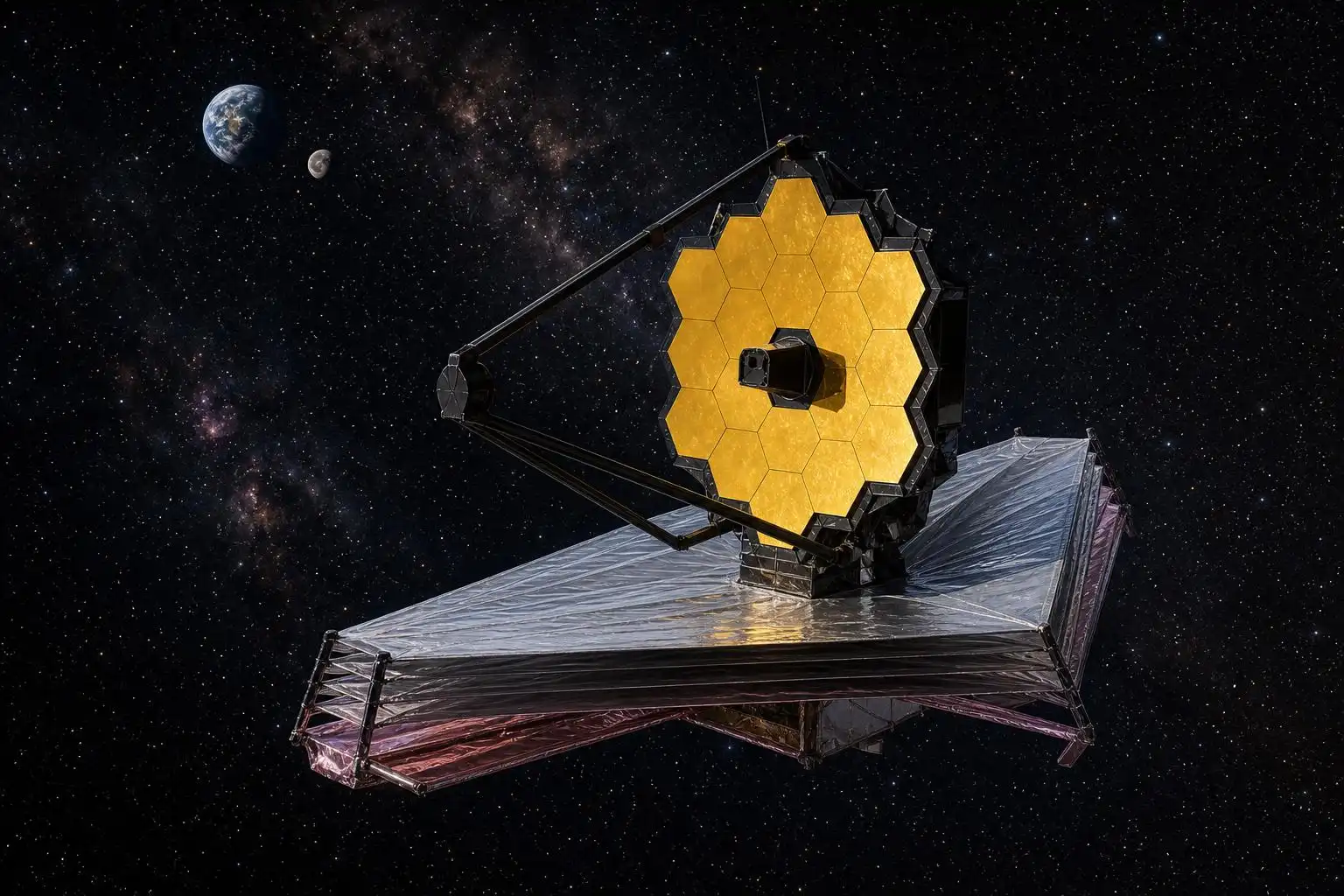 The James Webb Space Telescope holds position at L2, a gravitational balance point 1.5 million kilometers from Earth.