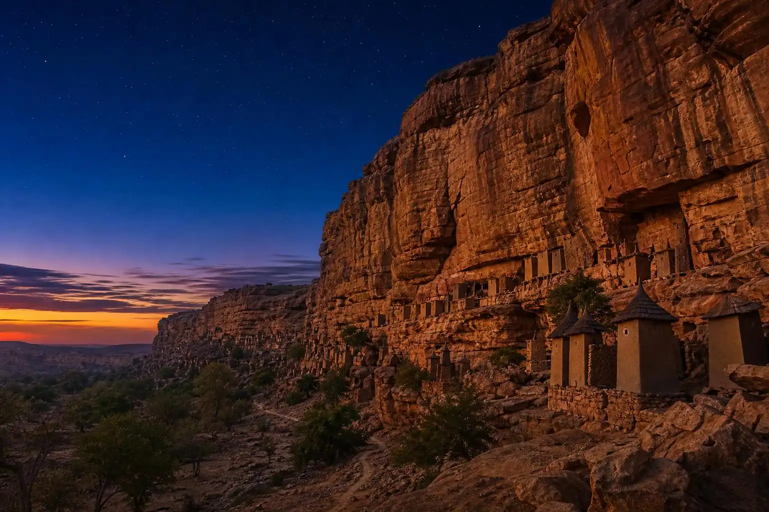 The Bandiagara Escarpment in Mali, ancestral home of Dogon cosmology and its intricate stellar calendar.